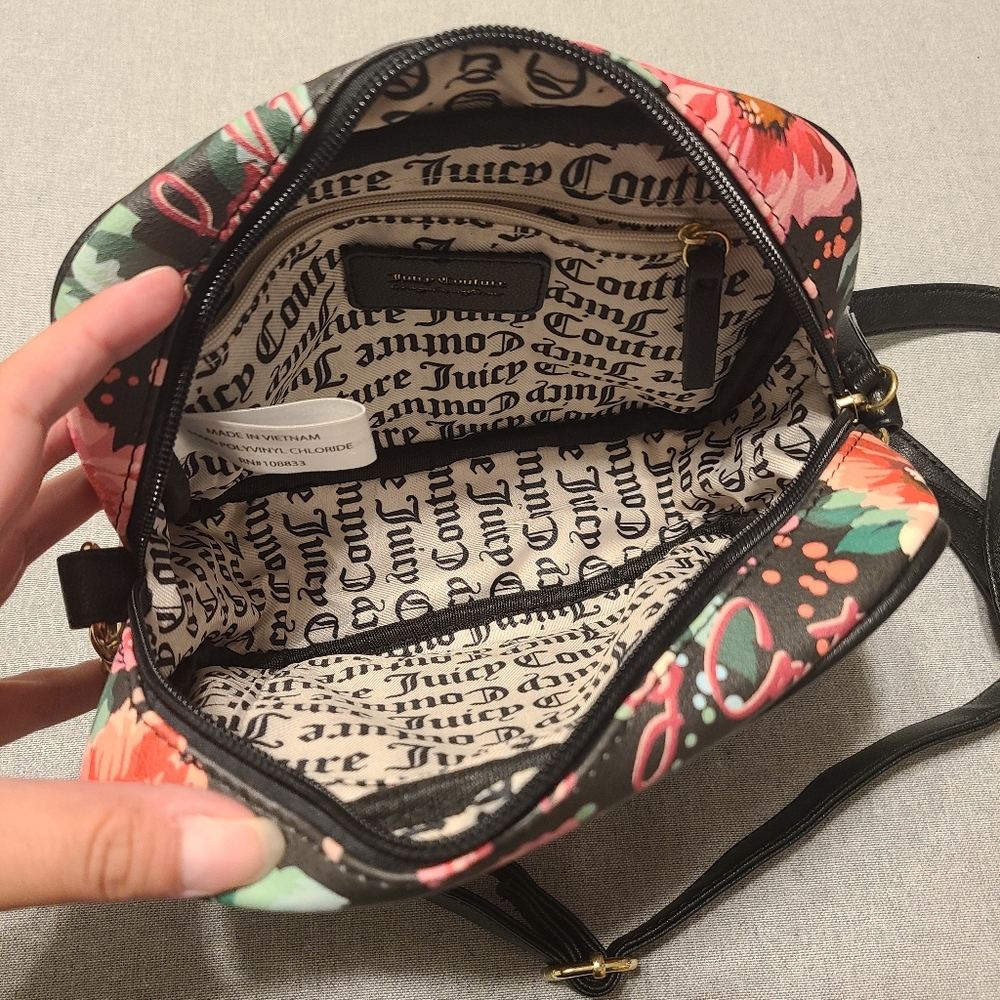 NWOT Juicy Couture Red Pink Floral Flower Black Leather Trim Purse - Picture 7 of 9